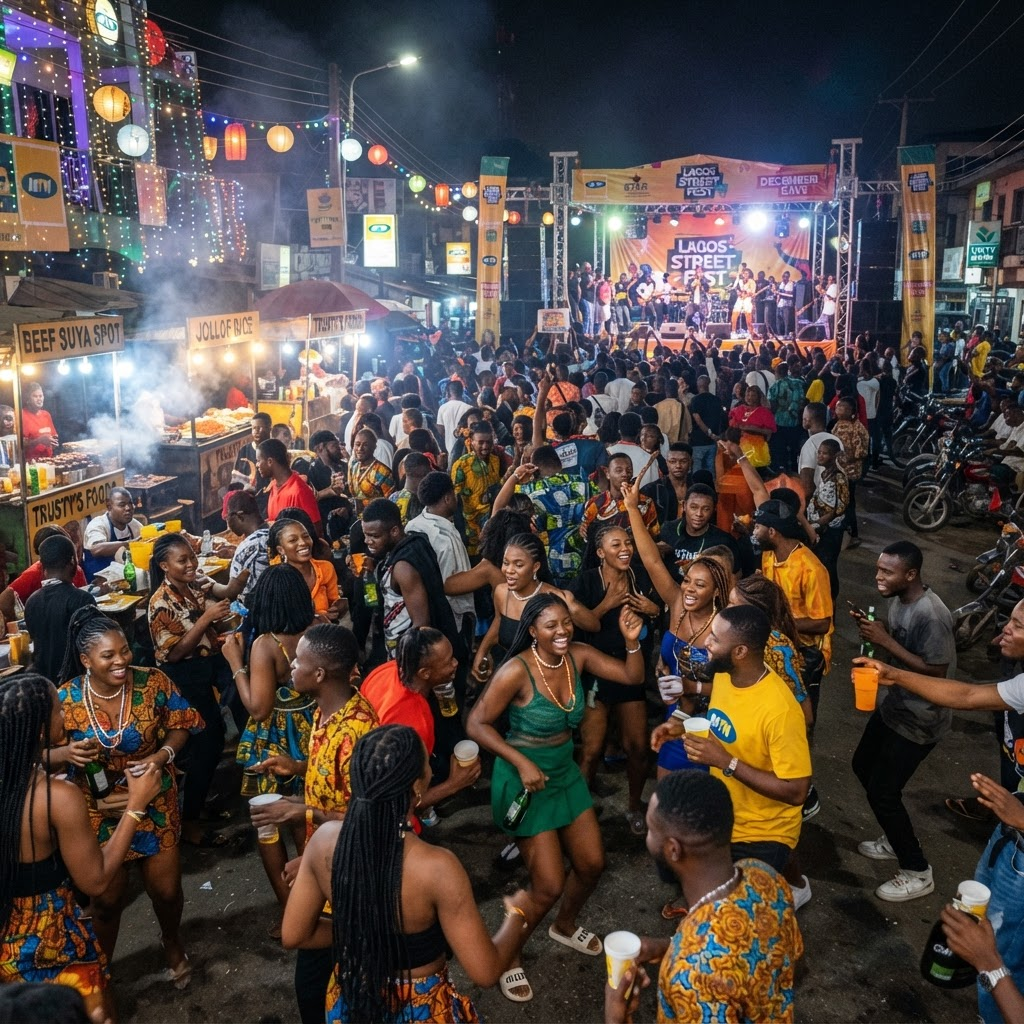 Crowd celebrating at a festive Lagos street event in December