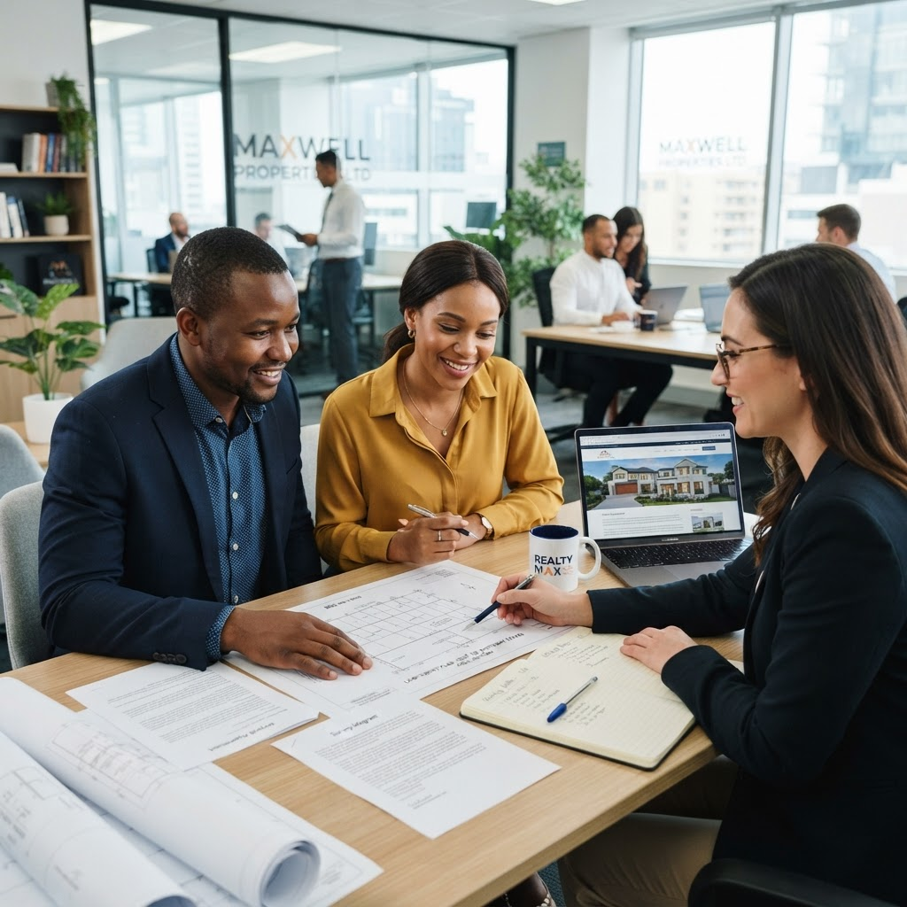 A couple reviewing property documents with a consultant