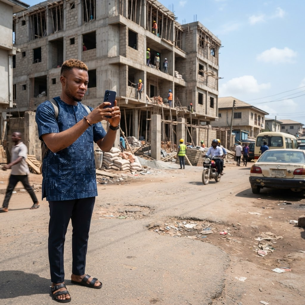 A resident using a phone to document an unfinished building site